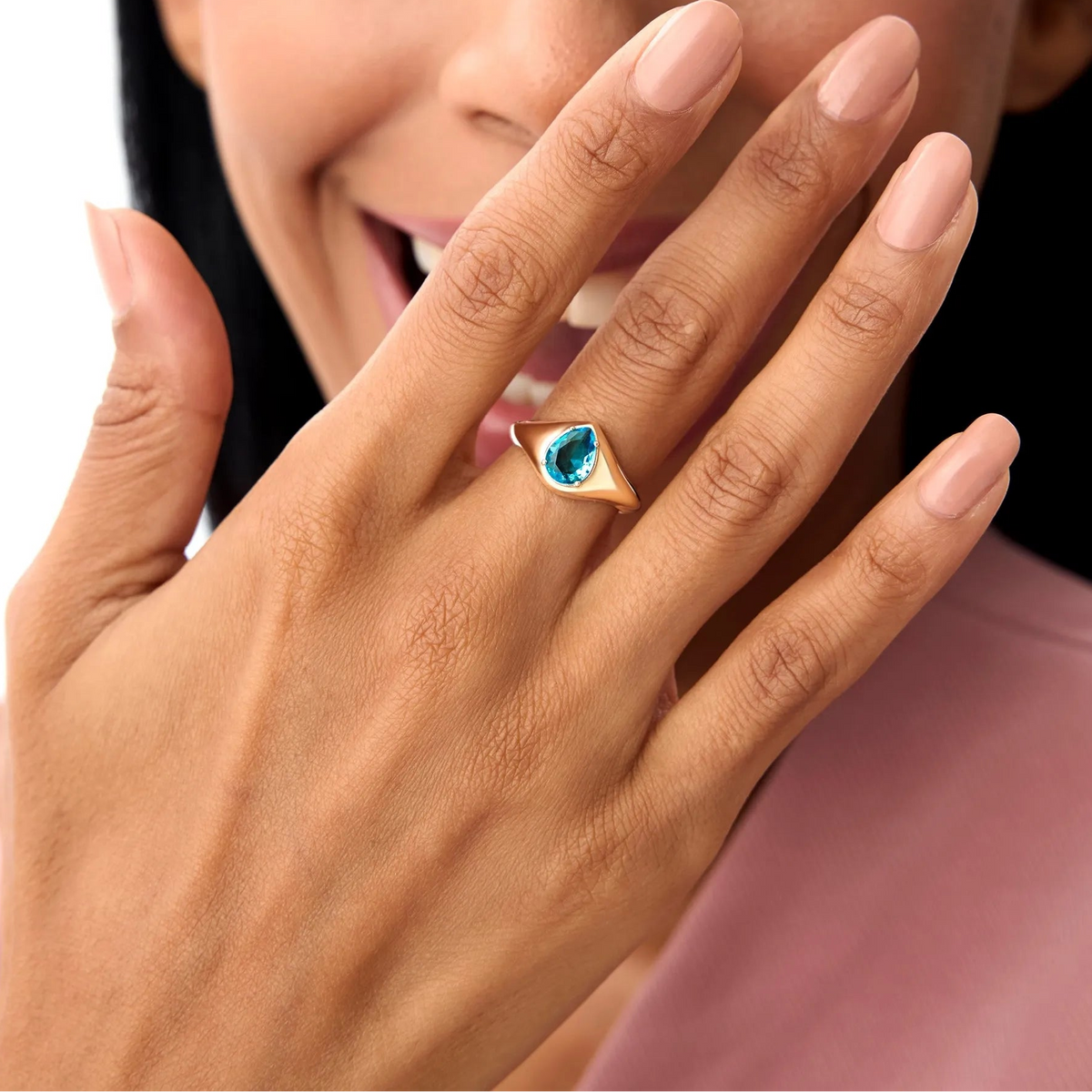 14K Solid Gold Pear Shaped London Blue Topaz 1.15ctw Statement Ring