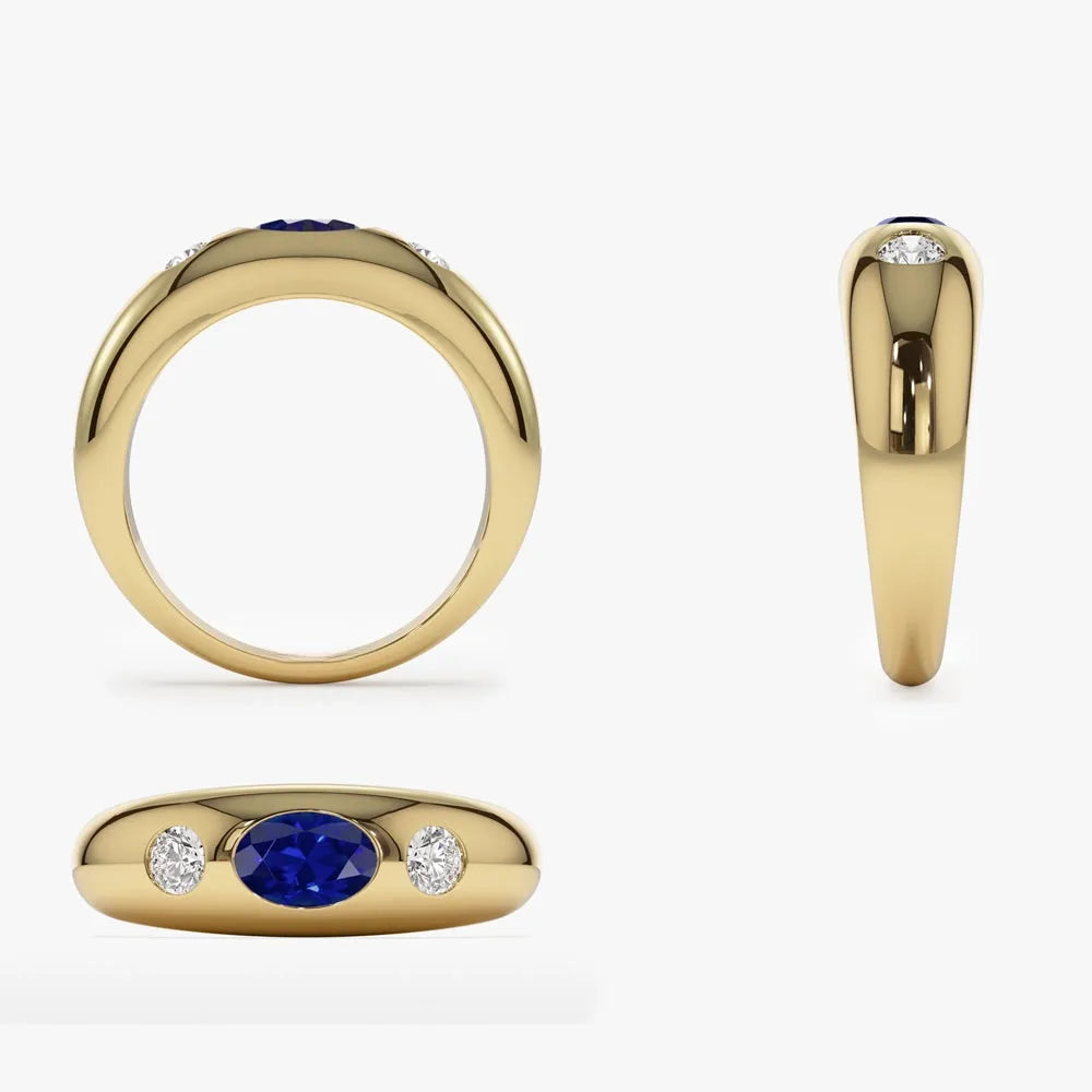 14k Gold Blue Sapphire and Diamond Oval Round Cut Dome Ring 0.80 ctw