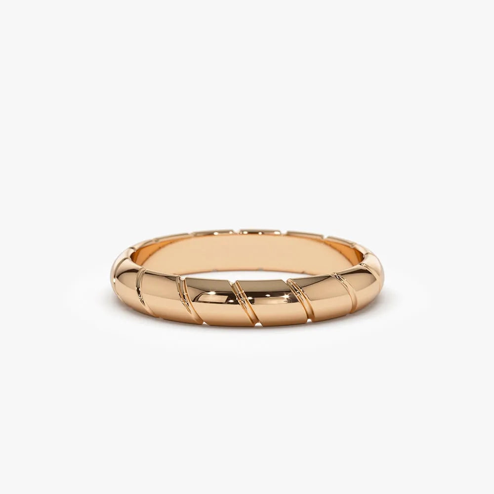 14k Solid Gold Diagonal Cut Design Wedding Band Ring 3mm Width