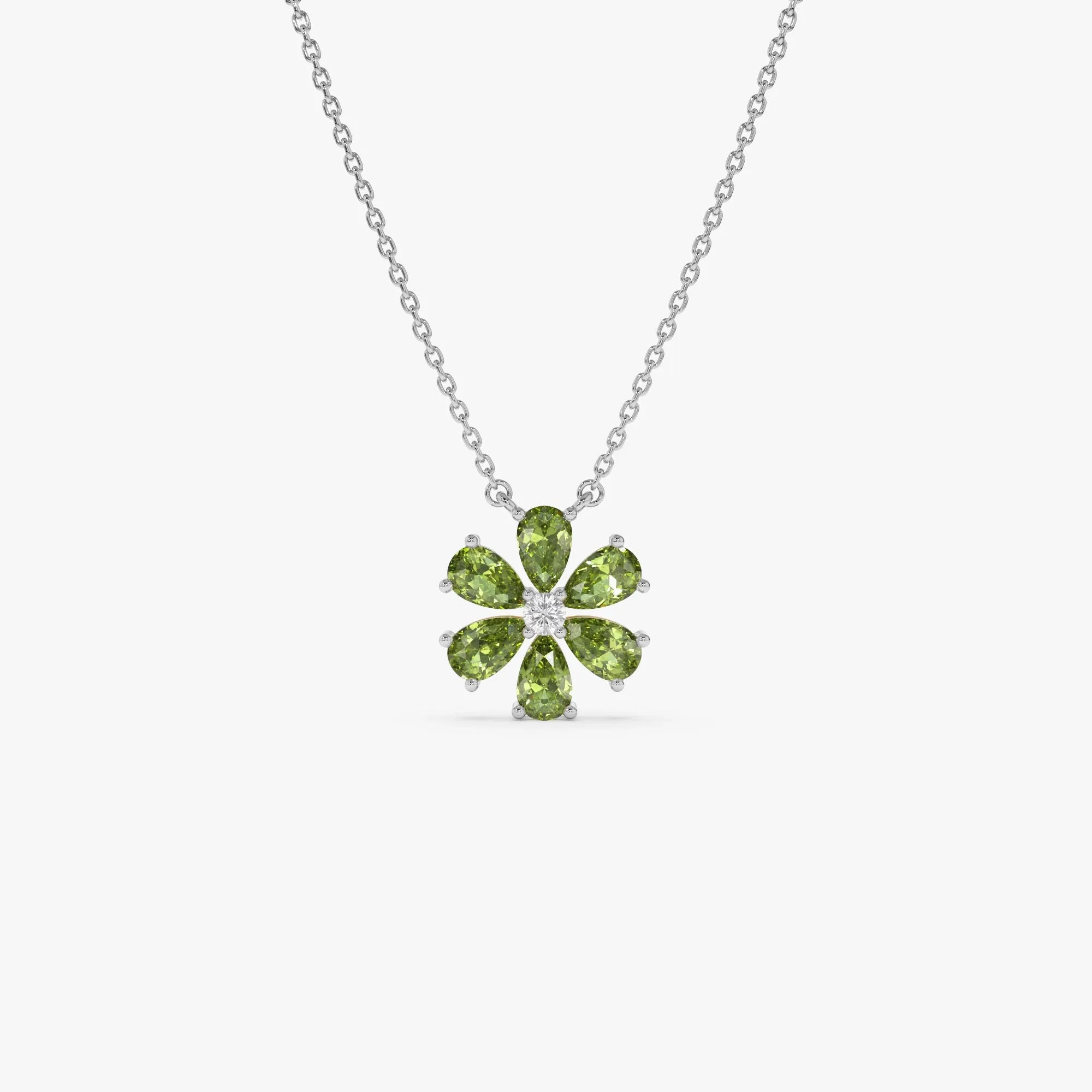 14k Solid Gold Peridot and Diamond Pear and Round Flower Necklace 1.45 Carat
