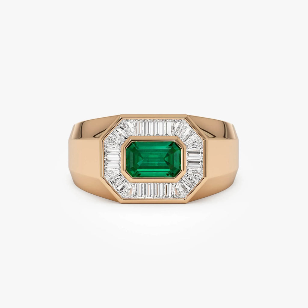 14K Solid Gold Octagon Emerald and Baguette Diamond Signet Ring 1.10 CTW