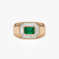 14K Solid Gold Octagon Emerald and Baguette Diamond Signet Ring 1.10 CTW