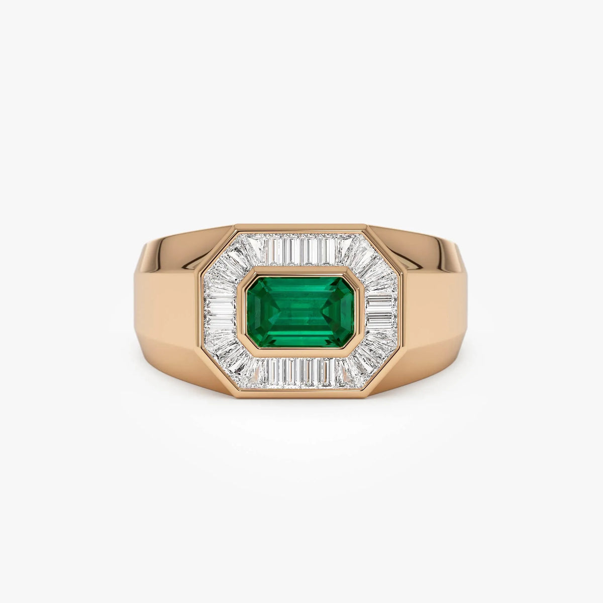 14K Solid Gold Octagon Emerald and Baguette Diamond Signet Ring 1.10 CTW