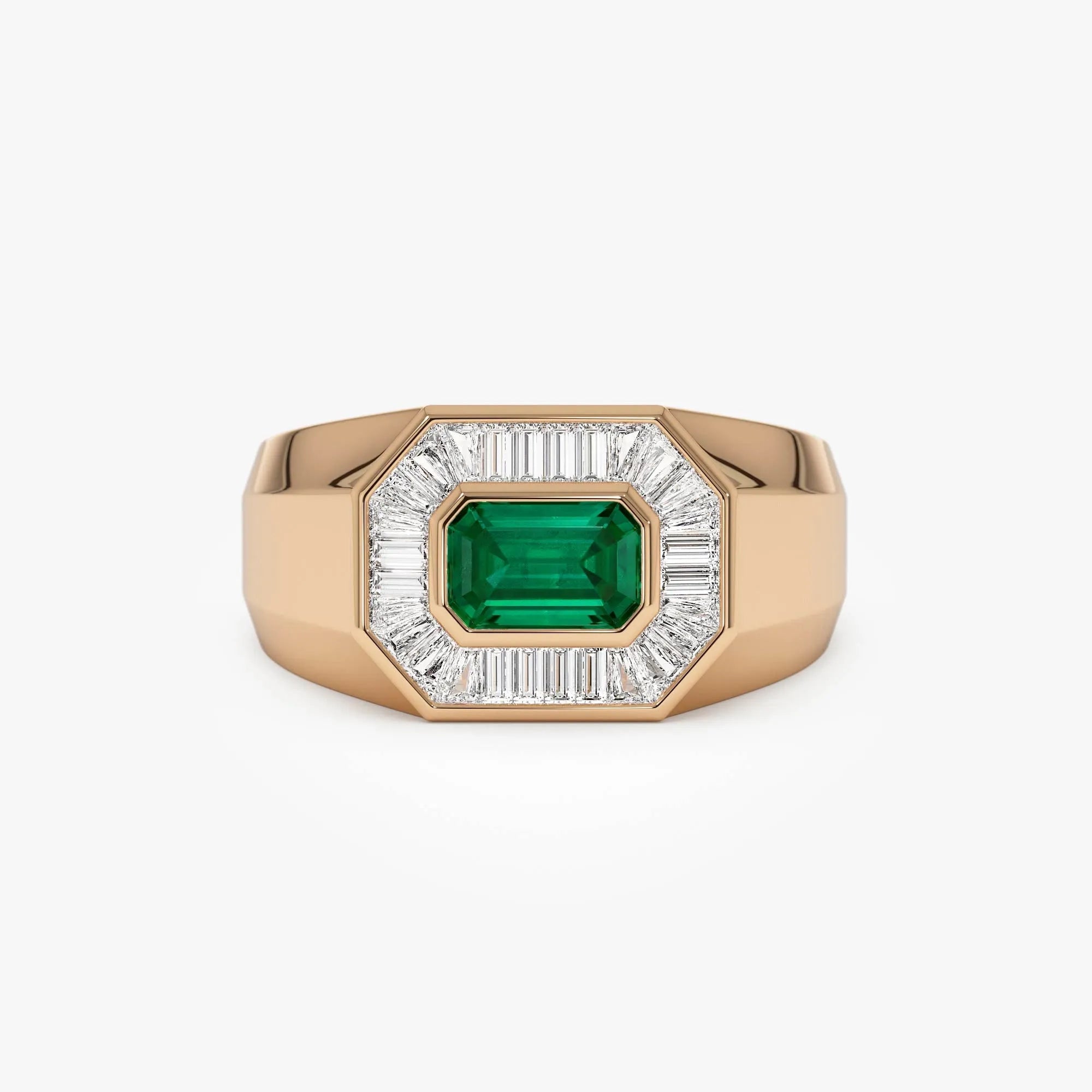 14K Solid Gold Octagon Emerald and Baguette Diamond Signet Ring 1.10 CTW