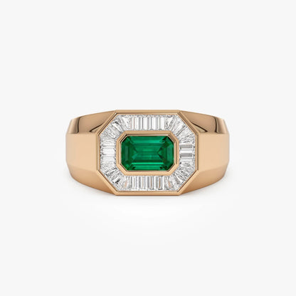 14K Solid Gold Octagon Emerald and Baguette Diamond Signet Ring 1.10 CTW