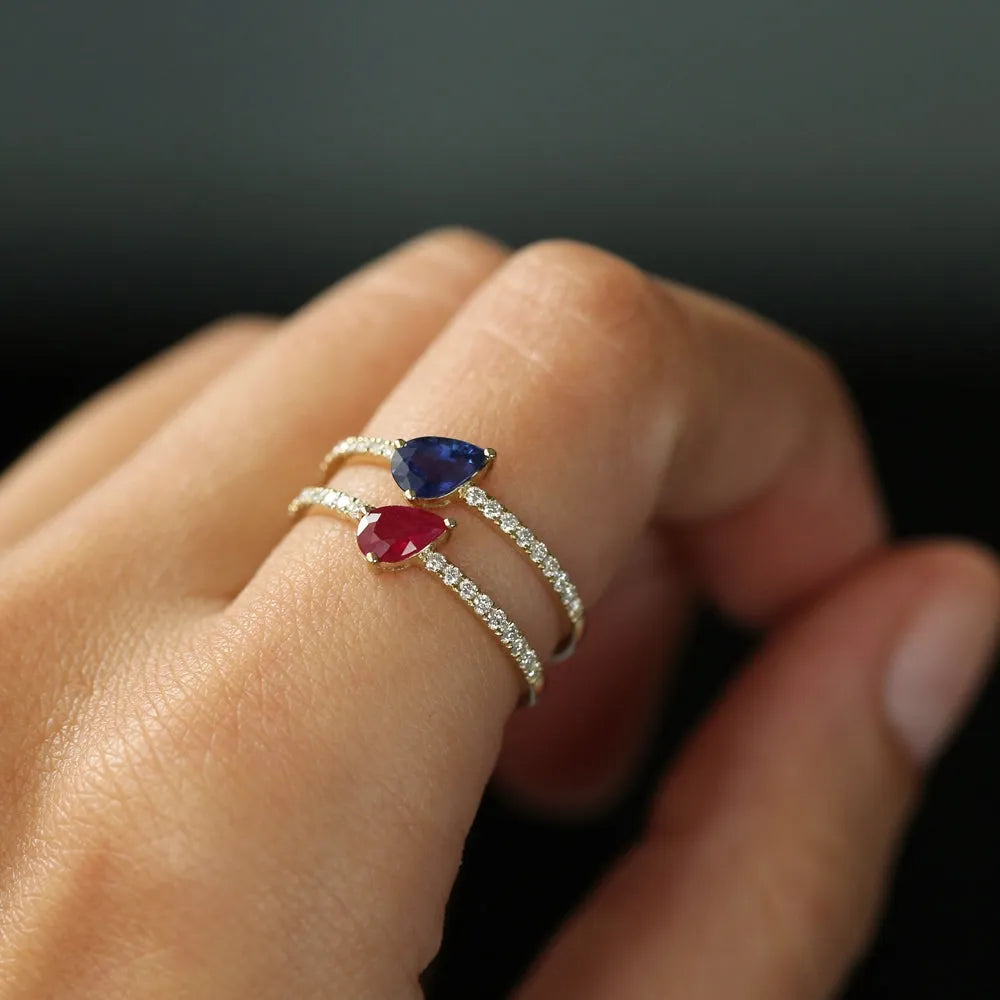 14k Gold Sapphire and Diamond Pear and Round Cut Slanted Pave Ring 0.67 ctw