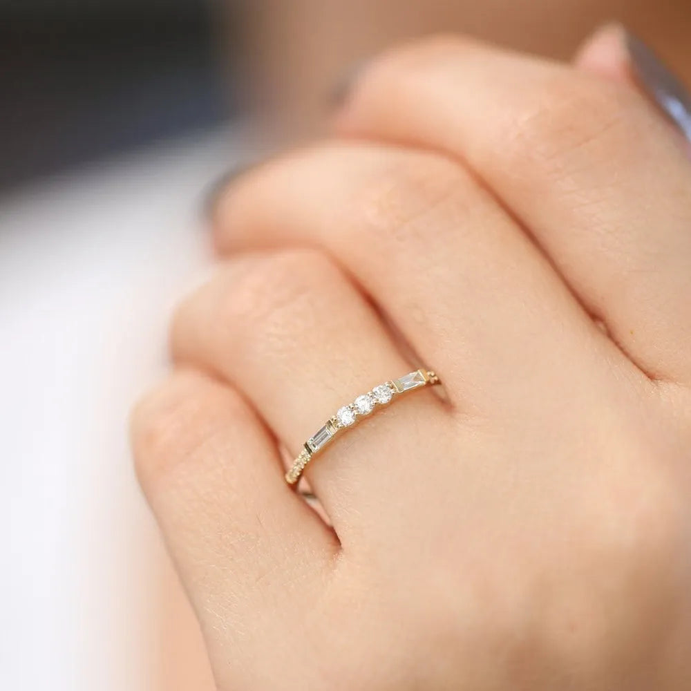 14K Solid Gold 0.23 CTW Round and Baguette Diamond Equilibrium Channel Micro Pave Ring