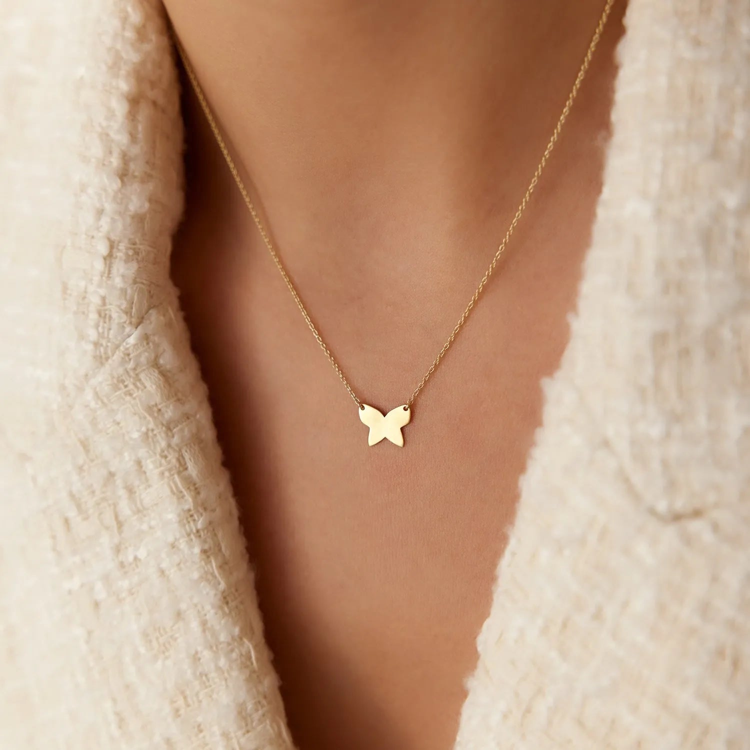 14k Solid Gold Butterfly Charm Pendant Necklace