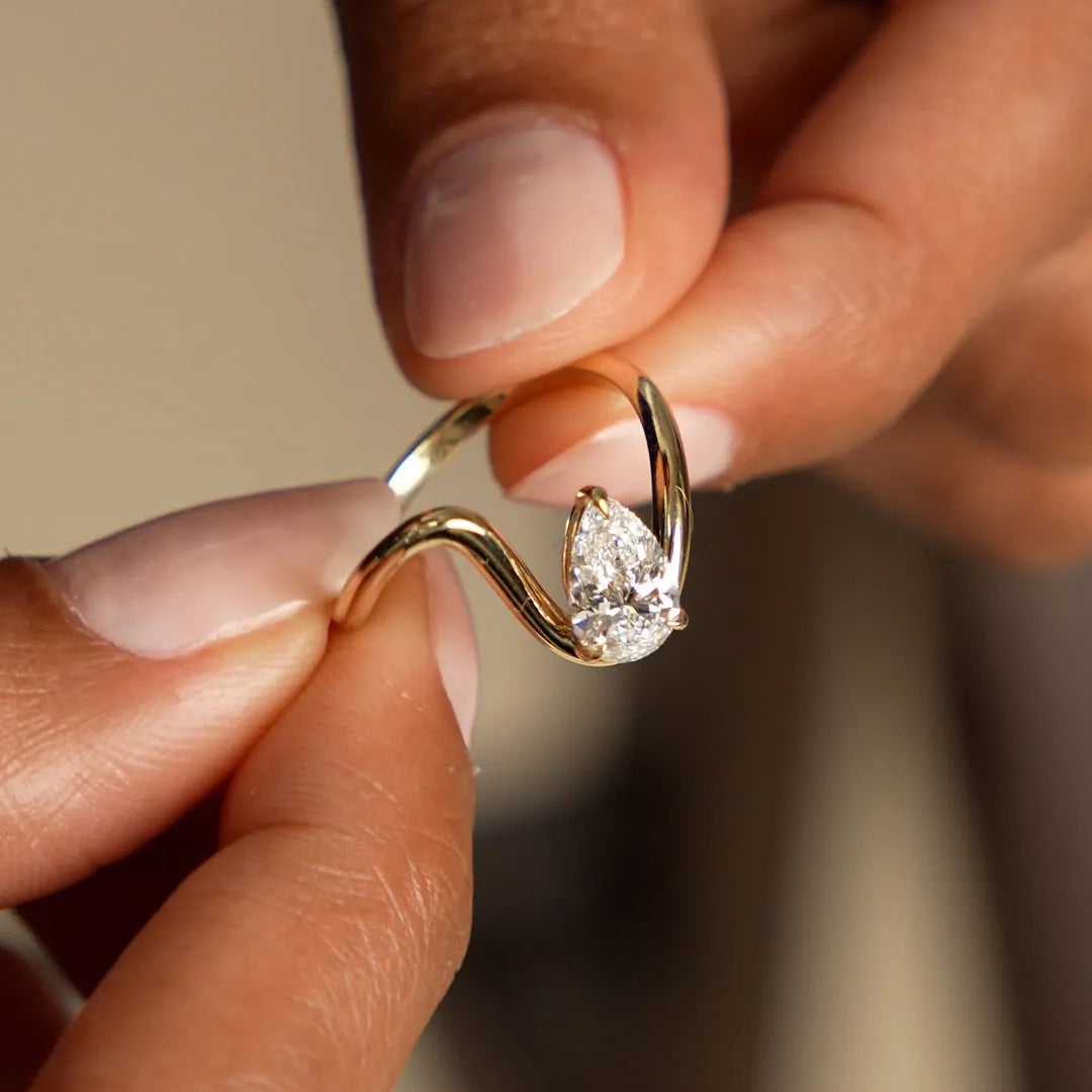 14k Gold 1.00 Carat Lab Grown Diamond Pear Cut Ring Modern Bypass Setting IGI Certified Sylene