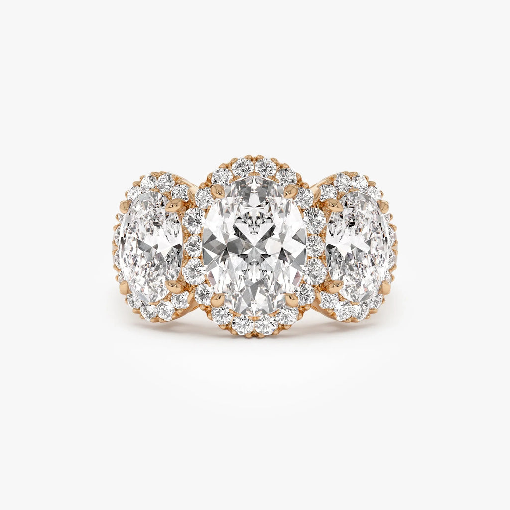14K Gold 3.35 ctw Lab Grown Diamond Oval Cut Three Stone Halo Engagement Ring