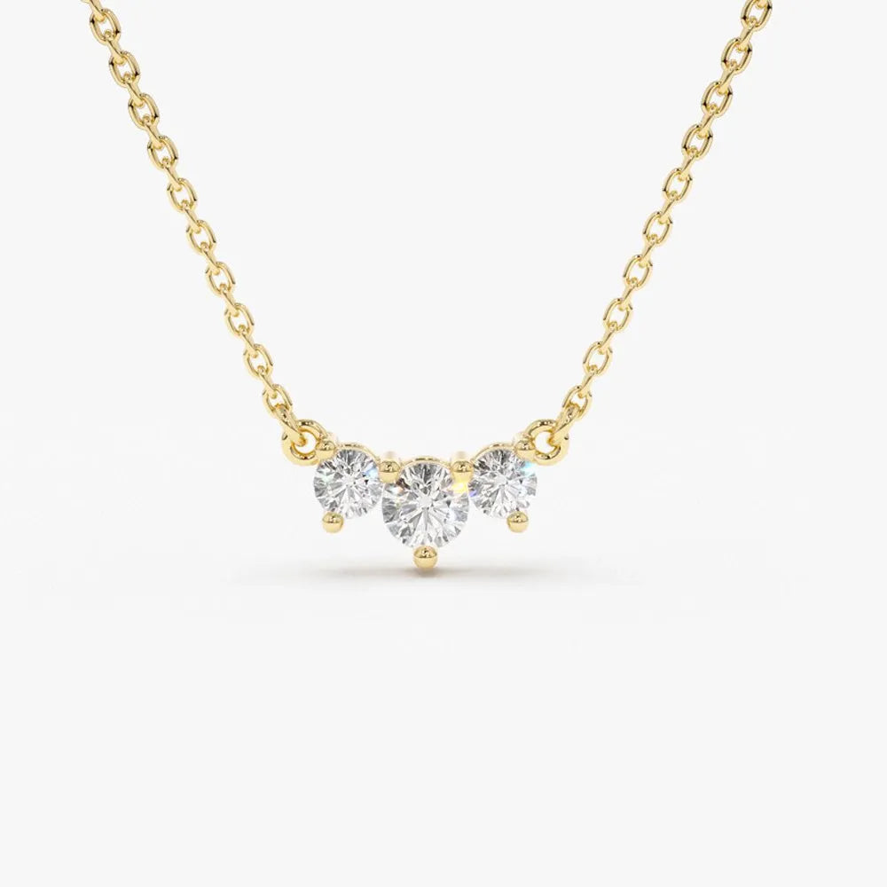 14K Solid Gold Round Diamond Trio Past Present Future Necklace Prong Setting 0.26ctw