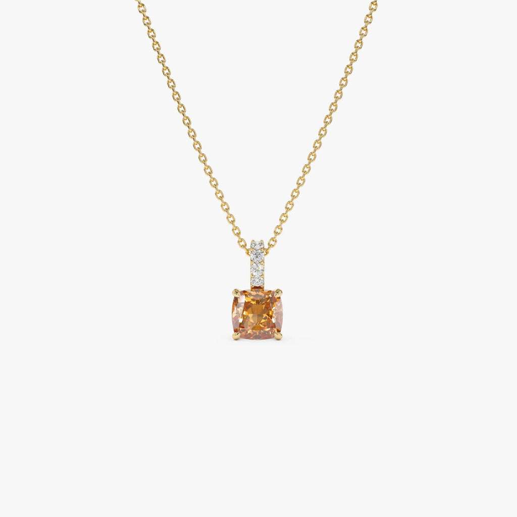 14k Solid Gold Citrine and Diamond Cushion Cut Pendant Necklace 1.02 Carat