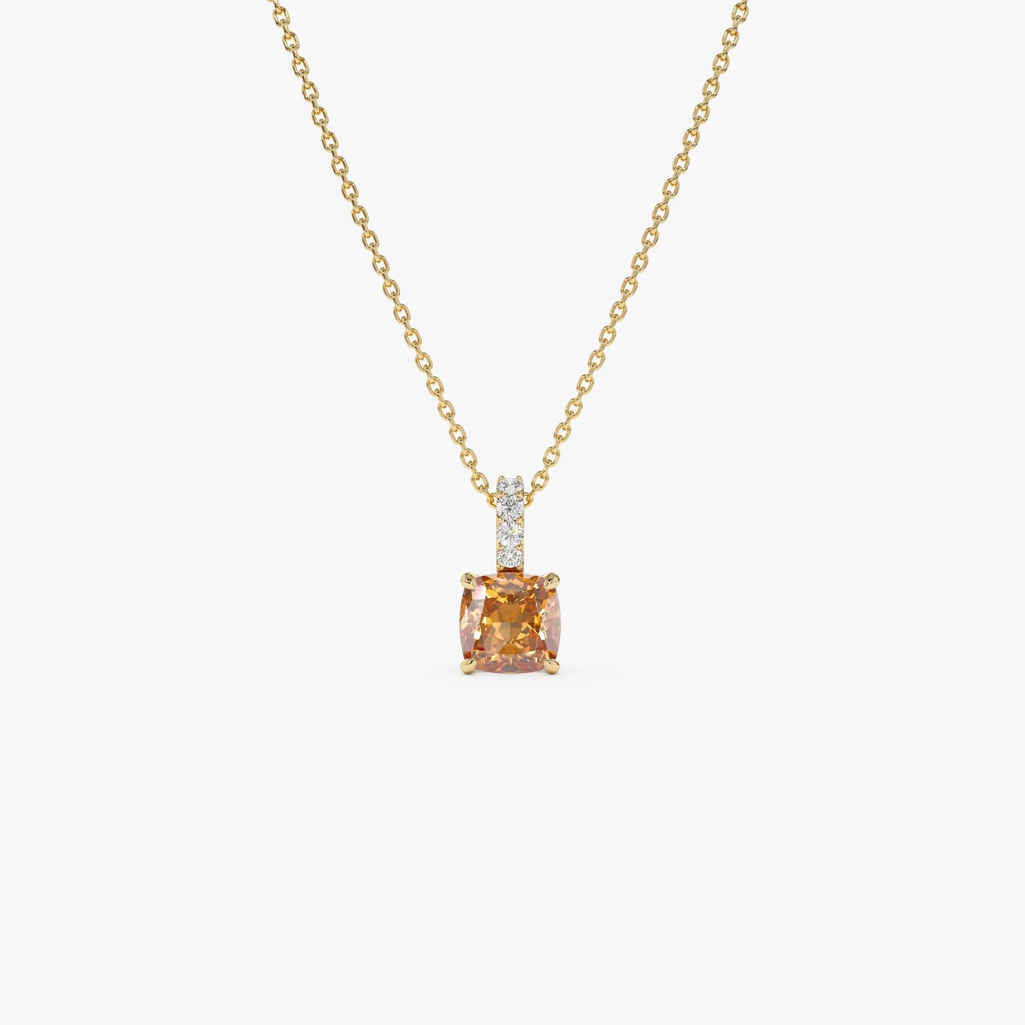 14k Solid Gold Citrine and Diamond Cushion Cut Pendant Necklace 1.02 Carat