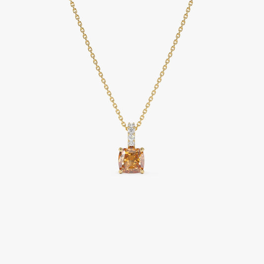 14k Solid Gold Citrine and Diamond Cushion Cut Pendant Necklace 1.02 Carat