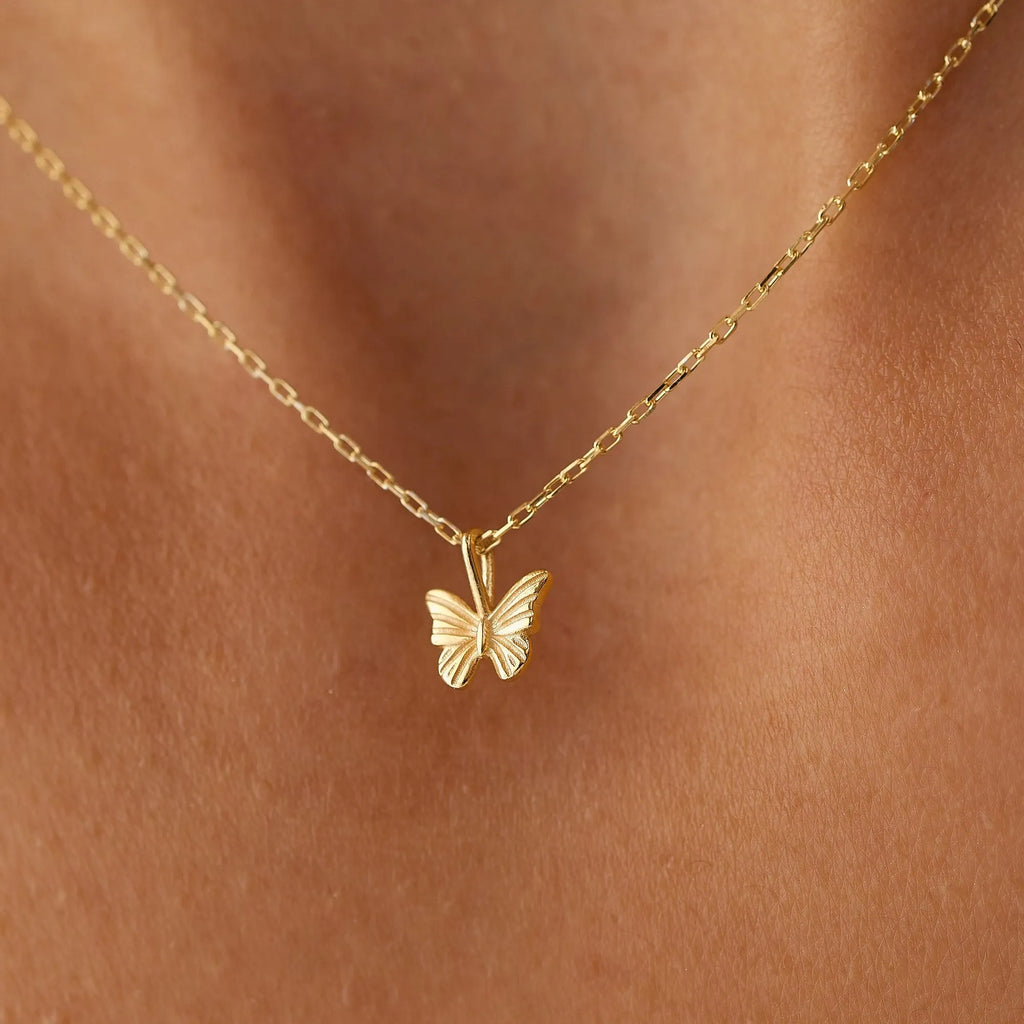 14k Solid Gold Mini Butterfly Charm Pendant Necklace