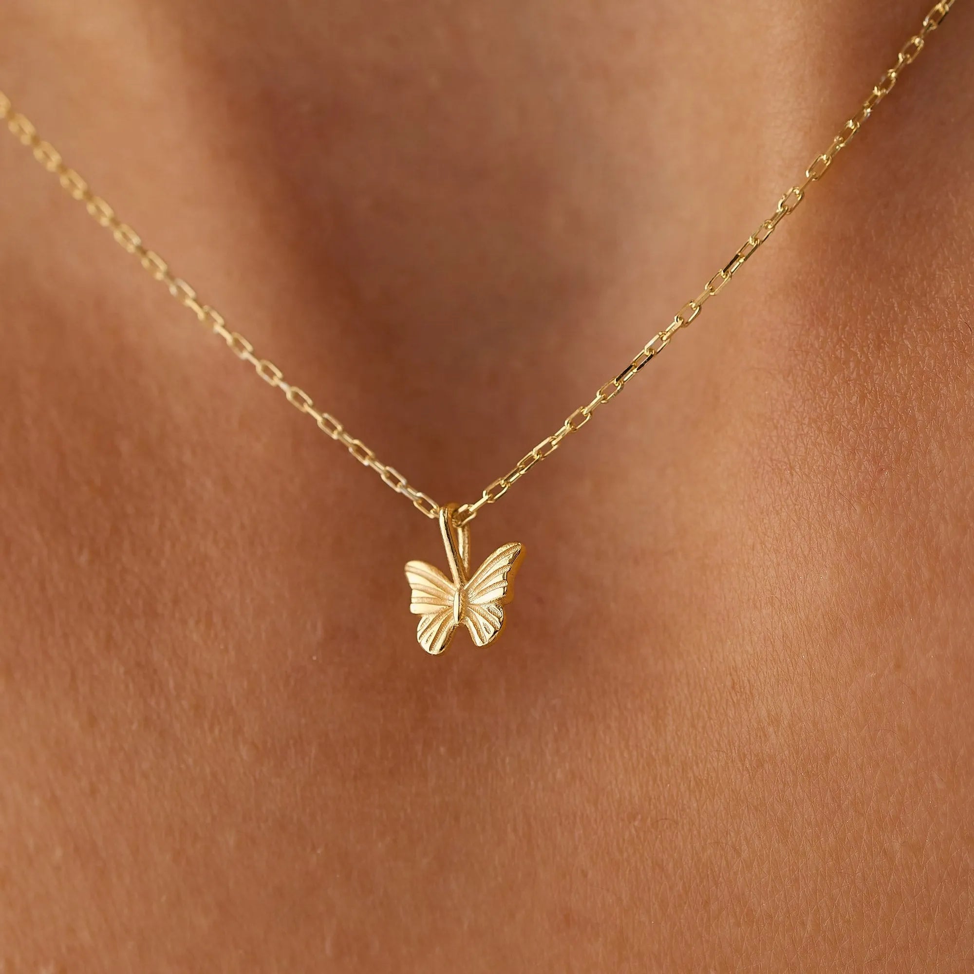 14k Solid Gold Mini Butterfly Charm Pendant Necklace