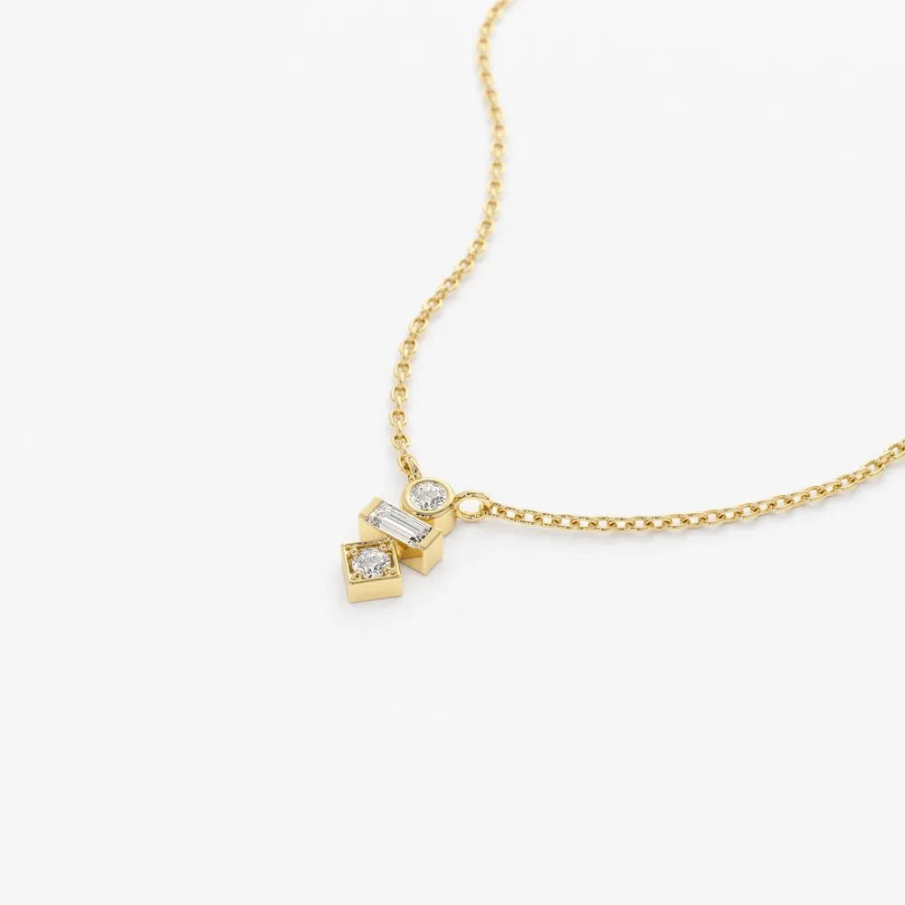 14K Solid Gold Baguette and Round Diamond Necklace Bezel and Channel Setting 0.13ctw