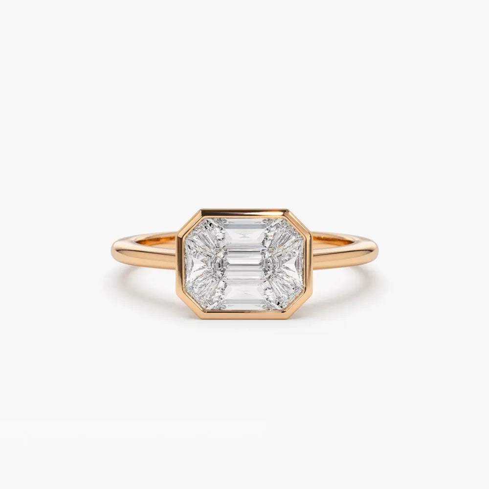14K Solid Gold Emerald Pie Cut Diamond 0.55 Carat East West Illusion Invisible Bezel Setting Ring