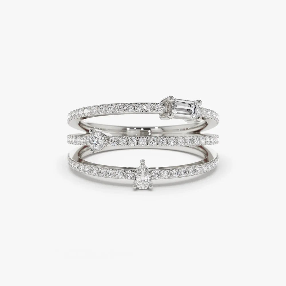 14k Gold 0.34 Carat Mixed Shape Round Baguette and Pear Diamond Triple Row Statement Ring