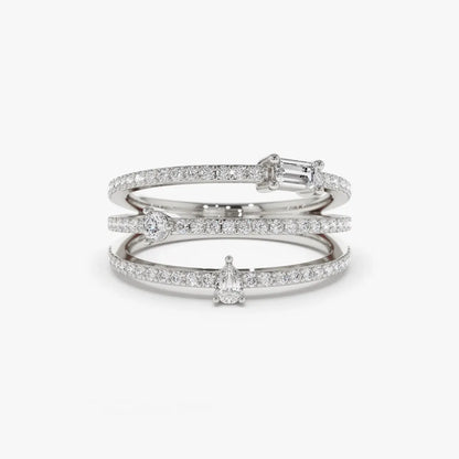 14k Gold 0.34 Carat Mixed Shape Round Baguette and Pear Diamond Triple Row Statement Ring