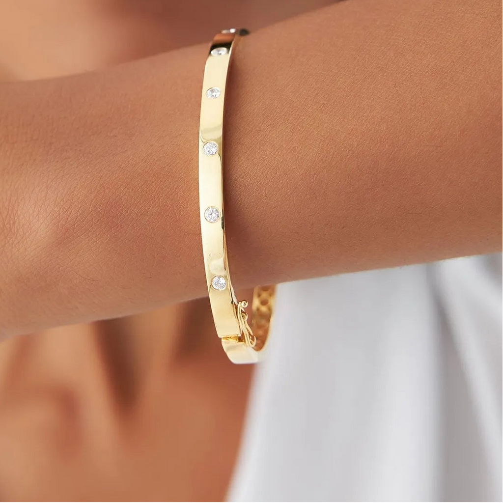 14K Solid Gold 0.22 CTW Round Diamond Flat Flush Setting Stacking Bangle