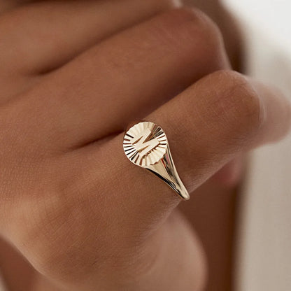 14K Gold Round Sunburst Initial Signet Ring 8mm Personalized Custom Jewelry