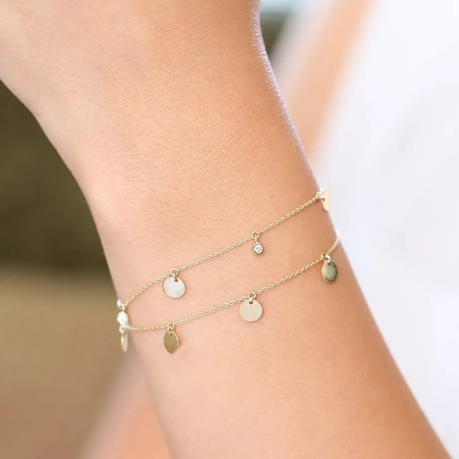 14K Solid Gold 0.08 CTW Round Diamond Bezel Set Dangling Disc Bracelet