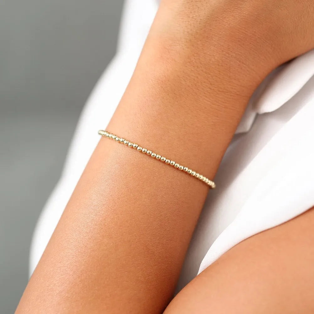 14K Solid Gold 2.5MM Beaded Chain Layering Bracelet