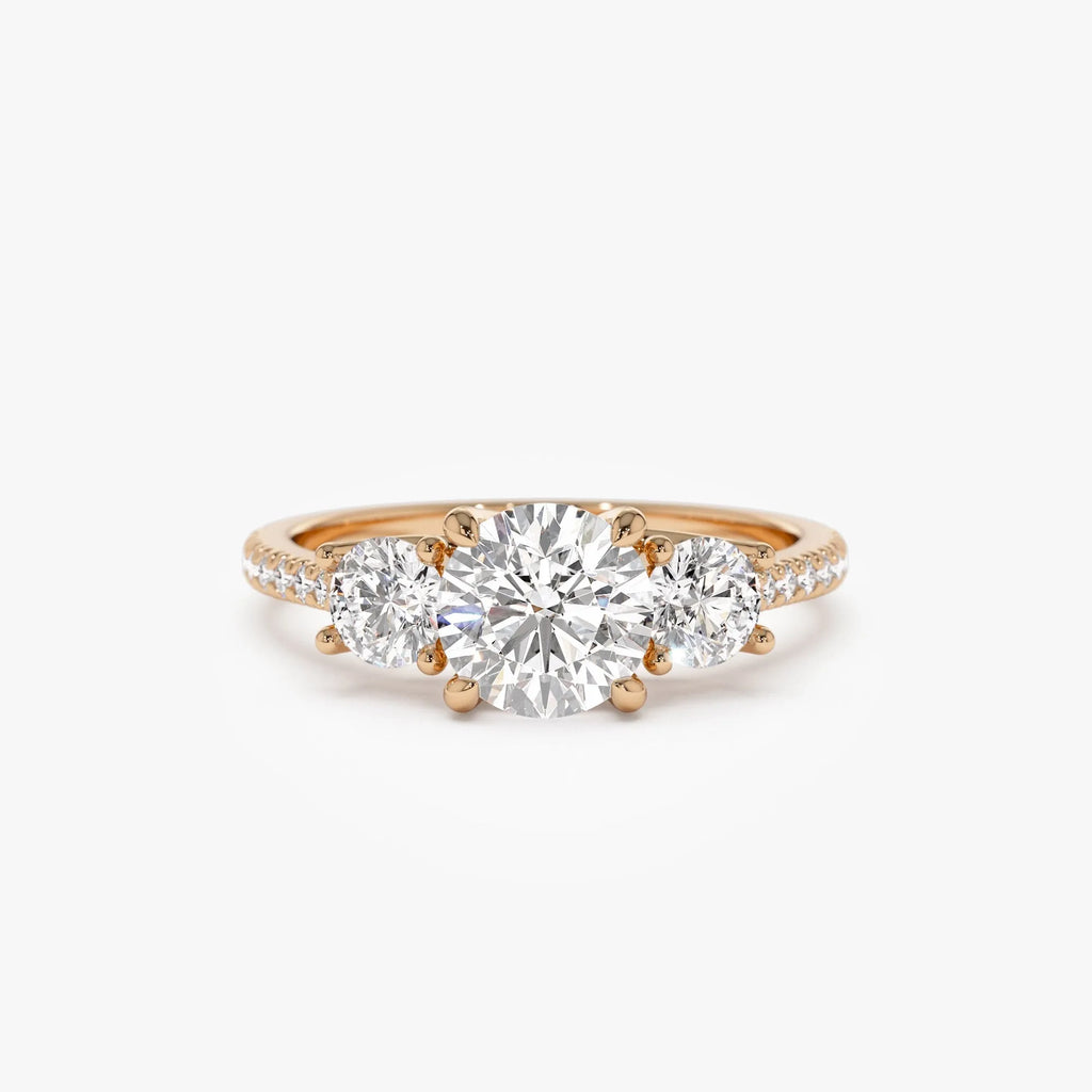 14k Gold Lab Grown Diamond Round Engagement Ring 1.65 CTW Three Stone Pave Shank