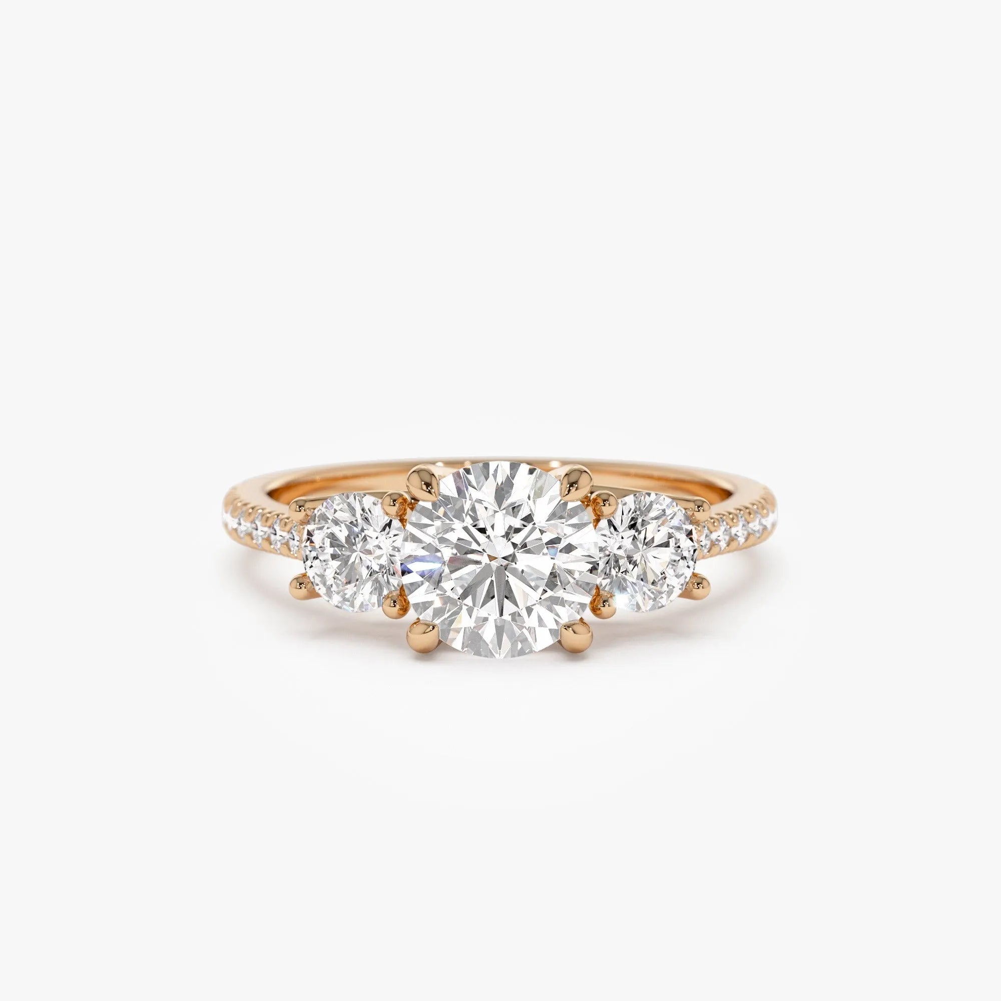 14k Gold Lab Grown Diamond Round Engagement Ring 1.65 CTW Three Stone Pave Shank