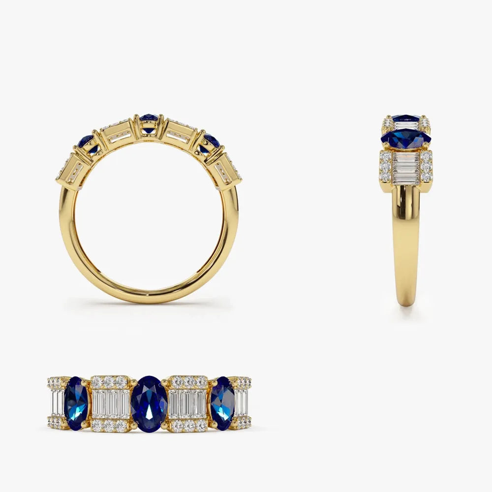 14k Gold Sapphire and Diamond Oval Baguette and Round Cut Ring 1.46 ctw