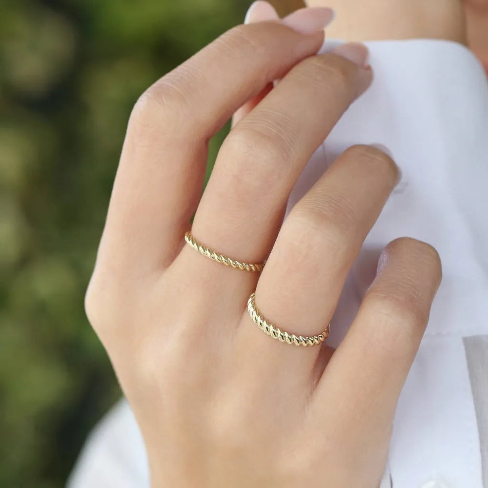 14K Solid Gold 2mm Twisted Rope Stackable Wedding Band Ring
