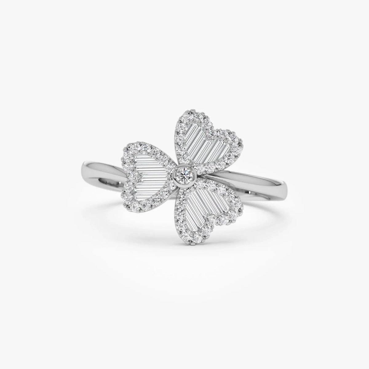 14K Solid Gold Baguette and Round Diamond 0.42 Carat Flower Clover Ring