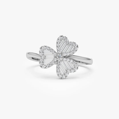 14K Solid Gold Baguette and Round Diamond 0.42 Carat Flower Clover Ring