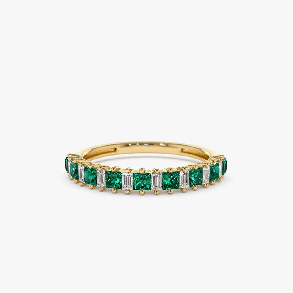 14K Solid Gold Princess Cut Emerald and Baguette Diamond Ring 0.73 CTW Handcrafted Jewelry