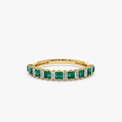 14K Solid Gold Princess Cut Emerald and Baguette Diamond Ring 0.73 CTW Handcrafted Jewelry