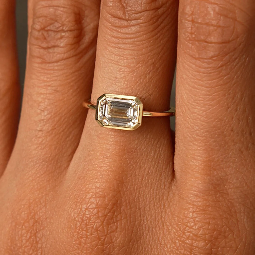14K Gold 1.50 Carat Lab Grown Diamond Emerald Cut Engagement Ring East West Bezel Setting