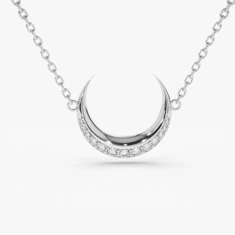14K Solid Gold Round Diamond Micro Pave Horizontal Crescent Moon Necklace 0.26ctw
