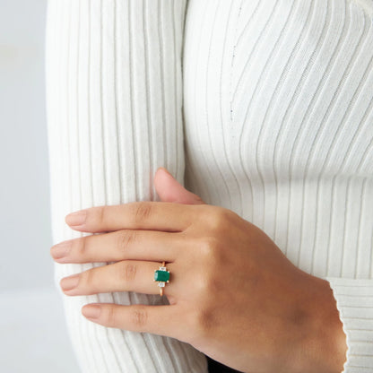 14K Solid Gold Emerald Cut Emerald and Diamond Three Stone Engagement Ring 1.75 CTW