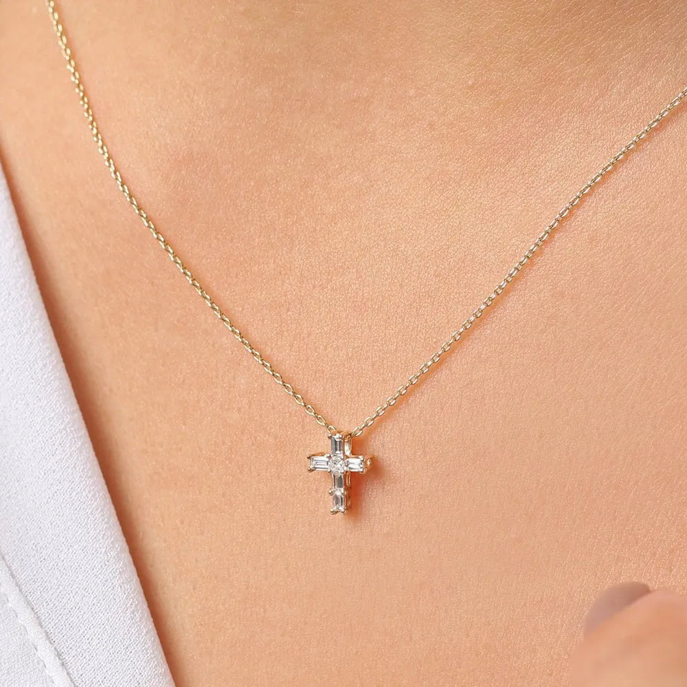 14K Solid Gold Baguette and Princess Cut Diamond Cross Pendant Necklace 0.15ctw