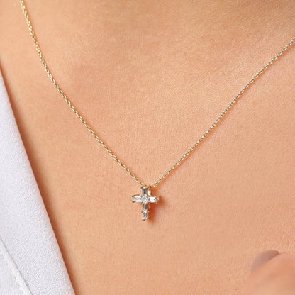 14K Solid Gold Baguette and Princess Cut Diamond Cross Pendant Necklace 0.15ctw