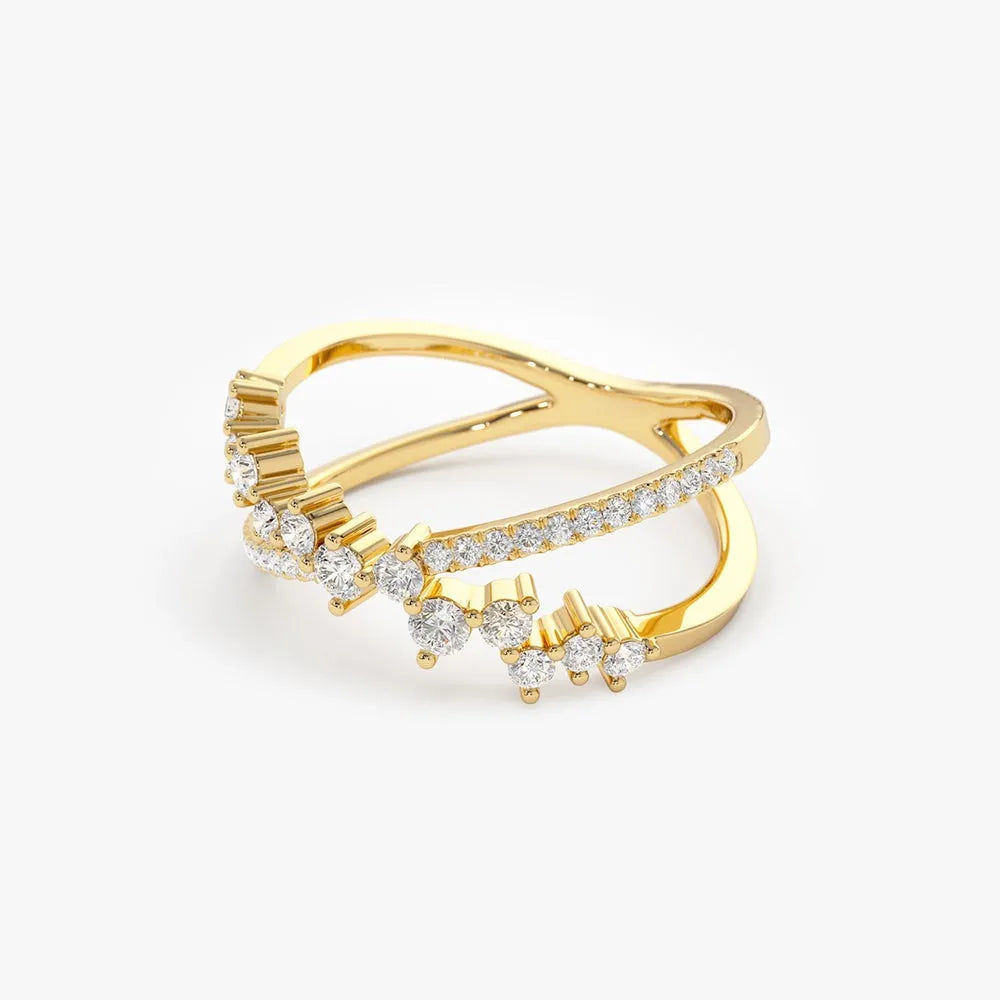 14k Gold Round Diamond Criss Cross Cluster Ring 0.53ctw Micro Pave Setting