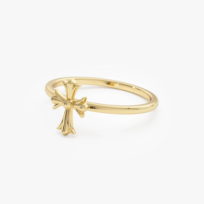 14k Gold Cathedral Cross Ring Wide Band with 9.2mm Motif