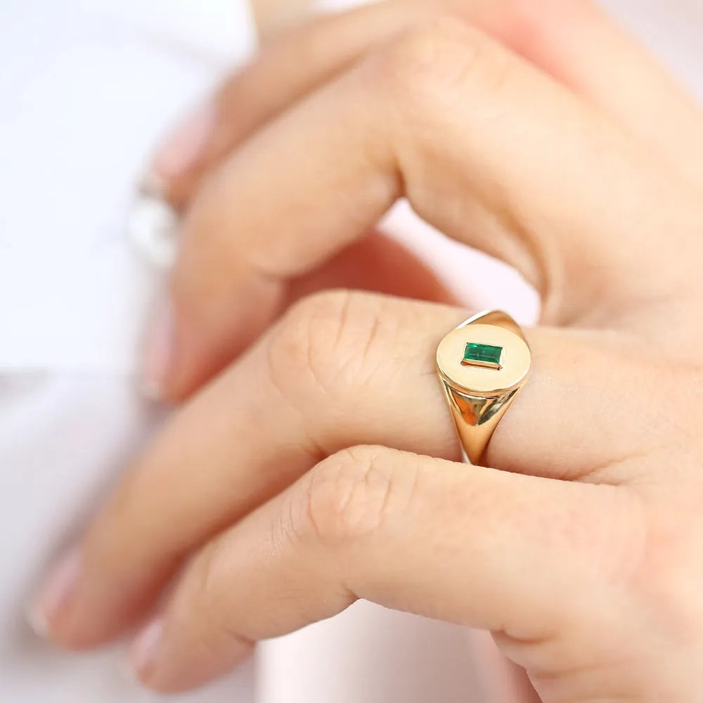 14K Solid Gold Baguette Emerald Bezel Set Signet Ring 0.15 CTW Handcrafted Jewelry