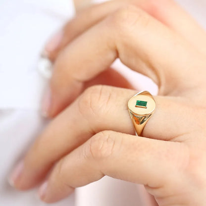 14K Solid Gold Baguette Emerald Bezel Set Signet Ring 0.15 CTW Handcrafted Jewelry