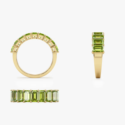 14K Solid Gold Emerald Cut Peridot 2.35 Carat Nine Stone Ring