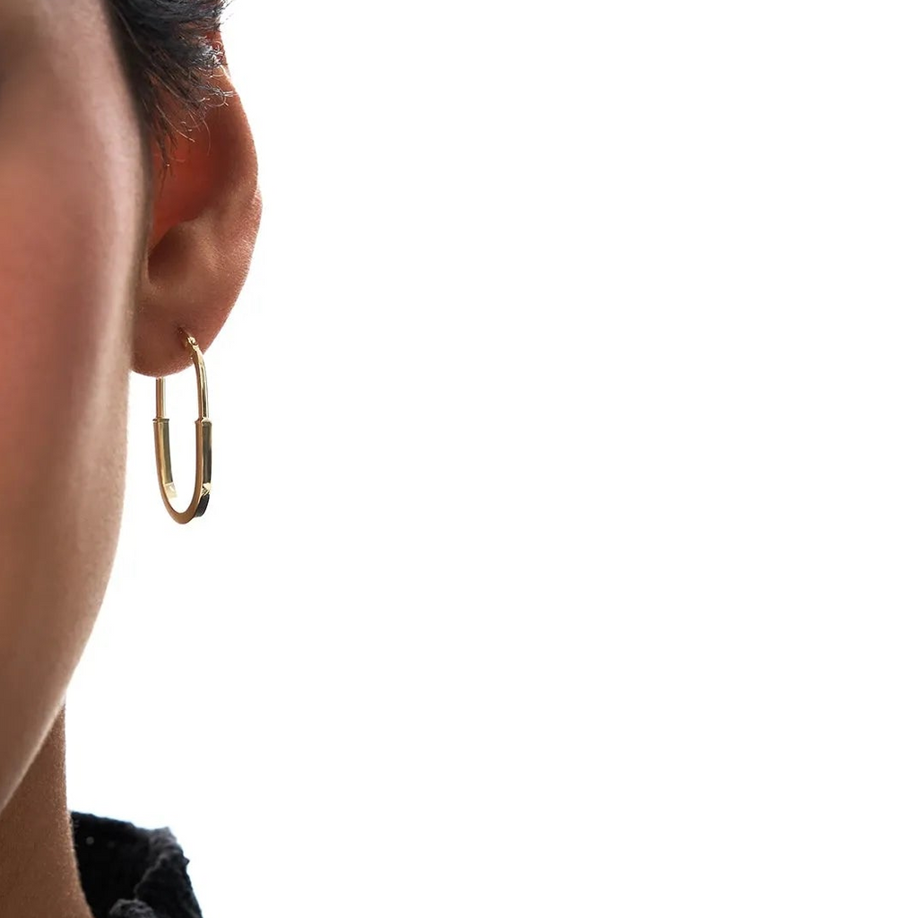 14k Yellow Gold Flat Edge Drop Hoop Earrings 27mm Length 15mm Diameter 2mm Width