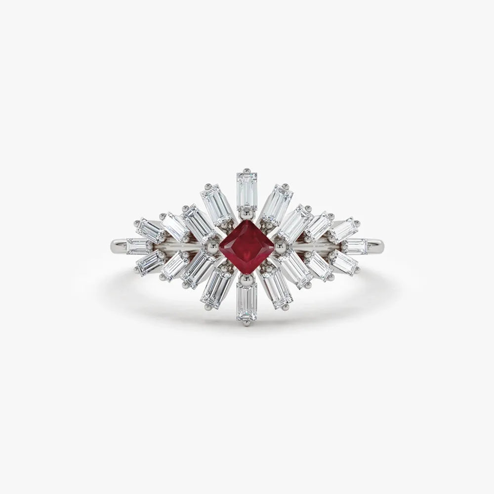 14k Gold Ruby and Diamond Square and Baguette Cut Ring 0.54 ctw