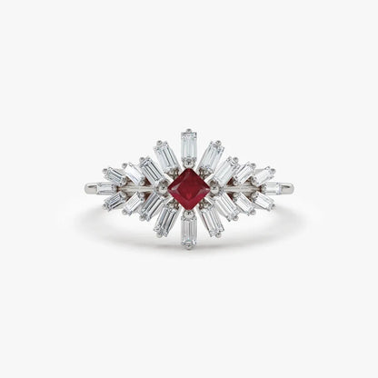 14k Gold Ruby and Diamond Square and Baguette Cut Ring 0.54 ctw
