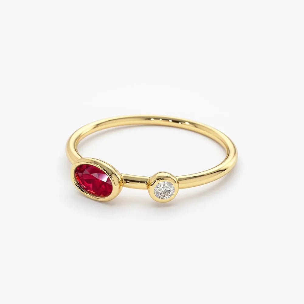 14k Gold Ruby and Diamond Oval and Round Cut Bezel Setting Ring 0.49 ctw